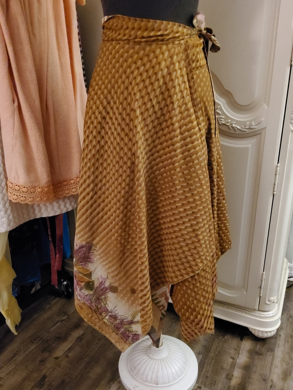 Vintage Silk Like Golden Wrap Skirt with Country Detail
